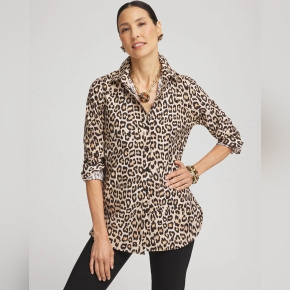 Chico's Tops - Chico's NWT No Iron Stretch Classic Animal Leopard Button Down Camel 4/20